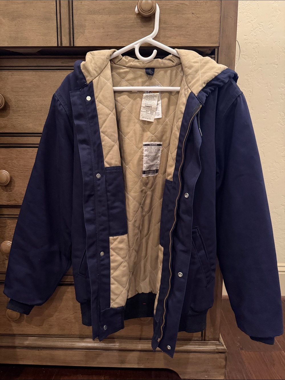 FR Carhartt Navy Hooded Work Jacket with Tan Lining - Picture 5 of 6